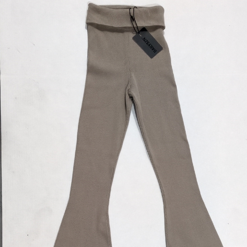 Dailyszn Women's Knit Flare Pants Bodycon High Wasted Folder Over Band Small